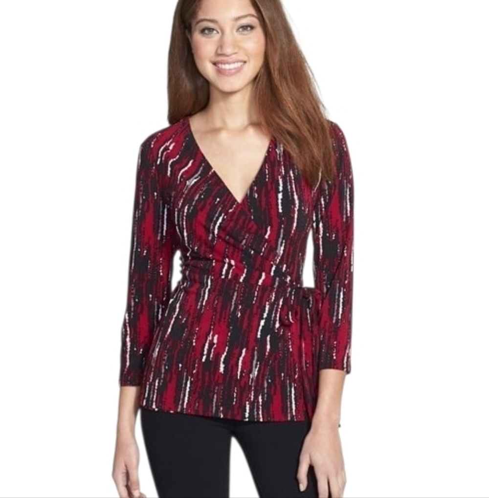 ANNE KLEIN "Abstract Line" Print Faux Wrap Top With 3/4 Length Sleeves XL Career